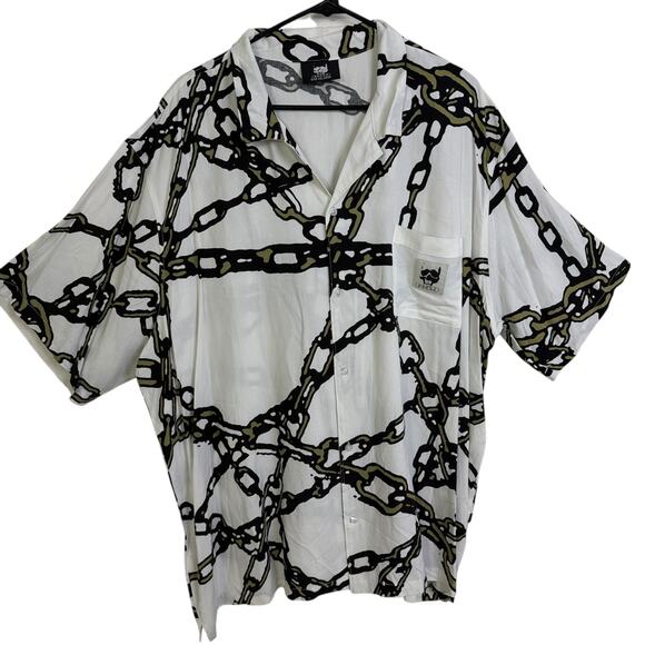 G59 Records Chained Shirt Mens 2XL White Short Sleeve Button Up Rap Rayon NWOT - Picture 1 of 11